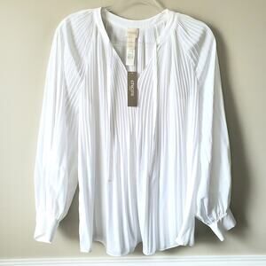 Chicos White Pleated Georgette Blouse Top S 0 Modern Career Flowy Classy NEW